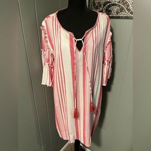 Chelsea Theodore Boho Dress Womens Medium Striped Tassels Bell Sleeve Lined